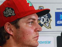 Trevor Bauer #96 of Diablos Rojos speaks during a press conference after the resumption of the 2024 King Series match 3 of the Mexican Baseb...