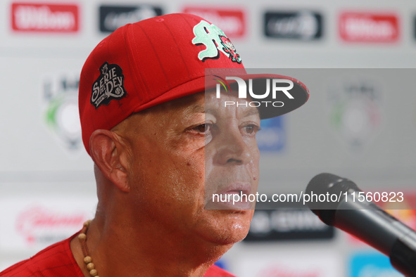 Lorenzo Bundy, manager of Diablos Rojos, speaks during a press conference after the resumption of the 2024 King Series match 3 of the Mexica...