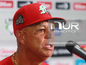 Lorenzo Bundy, manager of Diablos Rojos, speaks during a press conference after the resumption of the 2024 King Series match 3 of the Mexica...