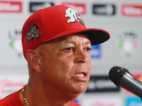 Lorenzo Bundy, manager of Diablos Rojos, speaks during a press conference after the resumption of the 2024 King Series match 3 of the Mexica...