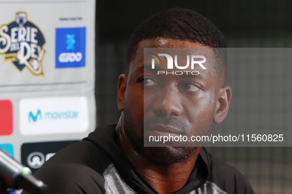 Jose Pirela #97 of Diablos Rojos speaks during a press conference after the resumption of the 2024 King Series match 3 of the Mexican Baseba...