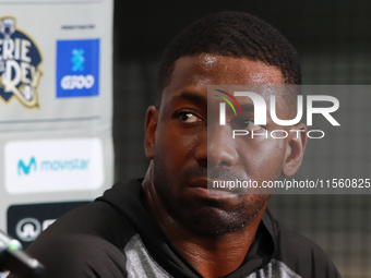 Jose Pirela #97 of Diablos Rojos speaks during a press conference after the resumption of the 2024 King Series match 3 of the Mexican Baseba...