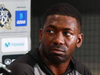 Jose Pirela #97 of Diablos Rojos speaks during a press conference after the resumption of the 2024 King Series match 3 of the Mexican Baseba...