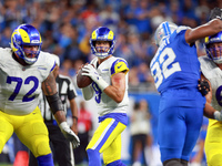 DETROIT,MICHIGAN-SEPTEMBER 8:  Quarterback Matthew Stafford (9) of the Los Angeles Rams looks to pass the ball during a game between the Det...