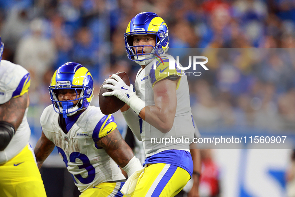 DETROIT,MICHIGAN-SEPTEMBER 8:  Quarterback Matthew Stafford (9) of the Los Angeles Rams looks to pass the ball during a game between the Det...