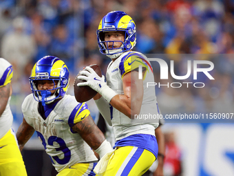 DETROIT,MICHIGAN-SEPTEMBER 8:  Quarterback Matthew Stafford (9) of the Los Angeles Rams looks to pass the ball during a game between the Det...