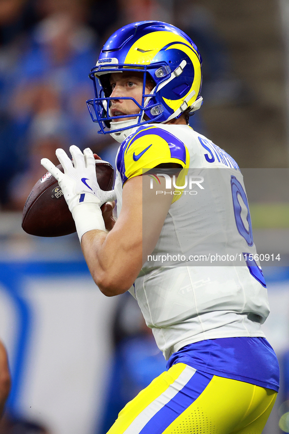 DETROIT,MICHIGAN-SEPTEMBER 8:  Quarterback Matthew Stafford (9) of the Los Angeles Rams looks to pass the ball during a game between the Det...