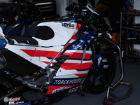 The Aprilia MotoGP American livery appears during the MotoGP Test at Misano World Circuit Marco Simoncelli in Misano Adriatico, Italy, on Se...