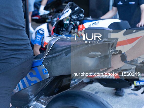 Motorcycle trails Aprilia during the MotoGP test at Misano World Circuit Marco Simoncelli in Misano Adriatico, Italy, on September 9, 2024. 