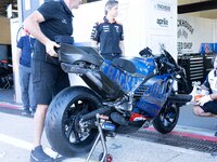 Motorcycle trails Aprilia during the MotoGP test at Misano World Circuit Marco Simoncelli in Misano Adriatico, Italy, on September 9, 2024....