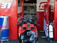 A motorcycle trails GasGas during the MotoGP test at Misano World Circuit Marco Simoncelli in Misano Adriatico, Italy, on September 9, 2024....