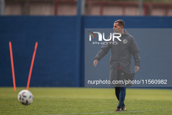 In Buenos Aires, Argentina, on September 9, 2024, Leandro Romagnoli, San Lorenzo Head Coach, conducts practice. Spanish footballer Iker Muni...