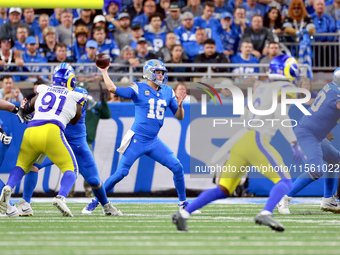 DETROIT,MICHIGAN-SEPTEMBER 8:  Quarterback Jared Goff (16) of the Detroit Lions prepares to pass the ball during a game between the Detroit...