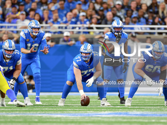 DETROIT,MICHIGAN-SEPTEMBER 8:  Quarterback Jared Goff (16) of the Detroit Lions prepares to receive the snap from center Frank Ragnow (77) o...