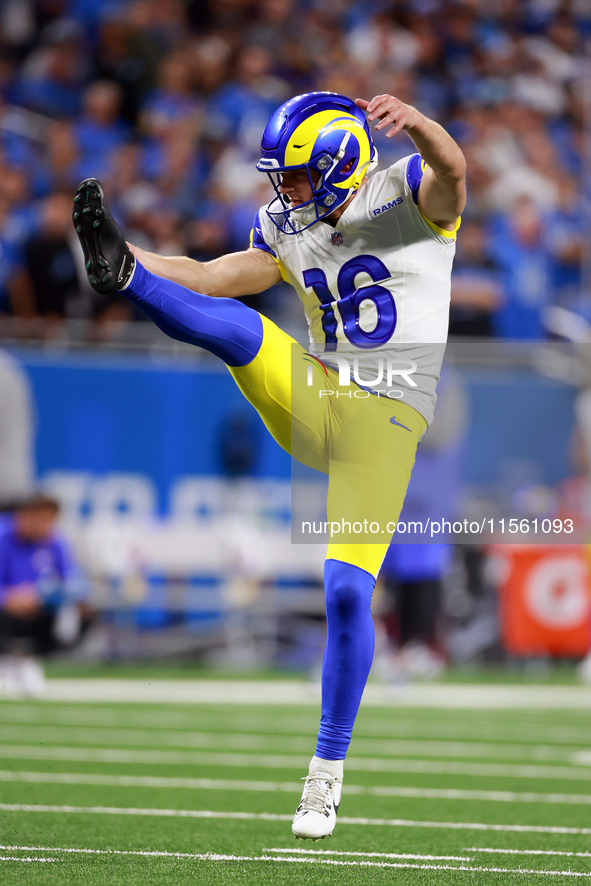 DETROIT,MICHIGAN-SEPTEMBER 8: Place kicker Joshua Karty (16) of the Los Angeles Rams kicks during a game between the Detroit Lions and the L...