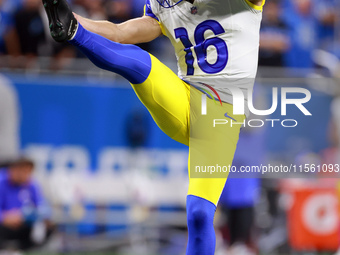 DETROIT,MICHIGAN-SEPTEMBER 8: Place kicker Joshua Karty (16) of the Los Angeles Rams kicks during a game between the Detroit Lions and the L...