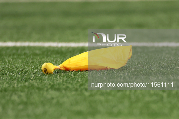 DETROIT,MICHIGAN-SEPTEMBER 8:  A flag is thrown on the field during a game between the Detroit Lions and the Los Angeles Rams in Detroit, Mi...