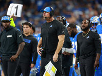 DETROIT,MICHIGAN-SEPTEMBER 8:  Detroit Lions head coach Dan Campbell looks on from the sidelinesduring a game between the Detroit Lions and...