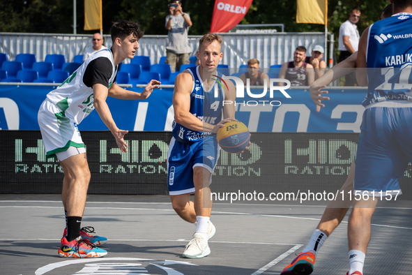 Damian Durski participates in the LOTTO 3x3 League basketball game in Sosnowiec, Poland, on September 8, 2024. The Lotto 3x3 Liga tournament...