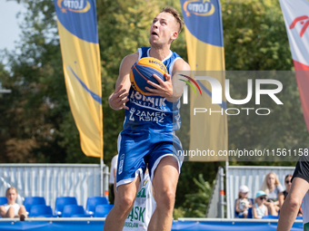 Damian Durski participates in the LOTTO 3x3 League basketball game in Sosnowiec, Poland, on September 8, 2024. The Lotto 3x3 Liga tournament...