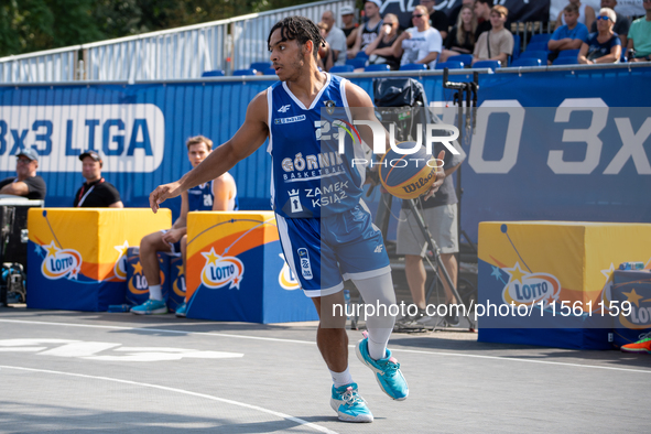 Joshua Ashaolu participates in the LOTTO 3x3 League basketball game in Sosnowiec, Poland, on September 8, 2024. The Lotto 3x3 Liga tournamen...