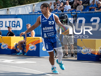 Joshua Ashaolu participates in the LOTTO 3x3 League basketball game in Sosnowiec, Poland, on September 8, 2024. The Lotto 3x3 Liga tournamen...