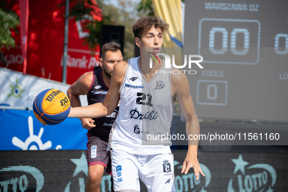 Kacper Moscicki participates in the LOTTO 3x3 League basketball game in Sosnowiec, Poland, on September 8, 2024. The Lotto 3x3 Liga tourname...