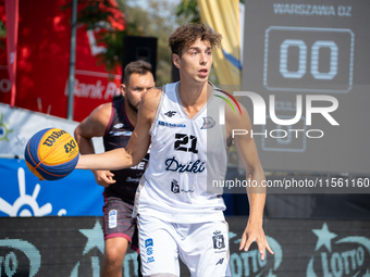 Kacper Moscicki participates in the LOTTO 3x3 League basketball game in Sosnowiec, Poland, on September 8, 2024. The Lotto 3x3 Liga tourname...