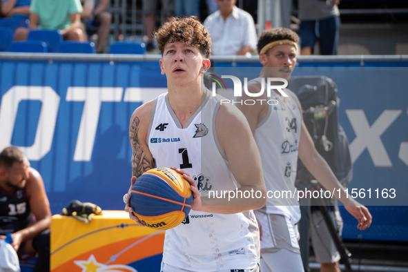 Maksymilian Motel participates in the LOTTO 3x3 League basketball game in Sosnowiec, Poland, on September 8, 2024. The Lotto 3x3 Liga tourna...