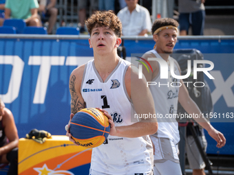 Maksymilian Motel participates in the LOTTO 3x3 League basketball game in Sosnowiec, Poland, on September 8, 2024. The Lotto 3x3 Liga tourna...