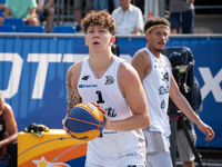 Maksymilian Motel participates in the LOTTO 3x3 League basketball game in Sosnowiec, Poland, on September 8, 2024. The Lotto 3x3 Liga tourna...