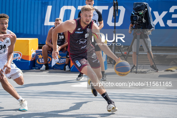 Mateusz Moron participates in the LOTTO 3x3 League basketball game in Sosnowiec, Poland, on September 8, 2024. Lotto 3x3 Liga tournament mat...