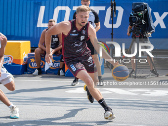 Mateusz Moron participates in the LOTTO 3x3 League basketball game in Sosnowiec, Poland, on September 8, 2024. Lotto 3x3 Liga tournament mat...