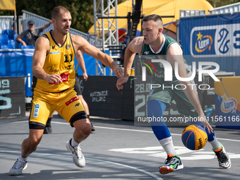 Mateusz Nitsche and Hubert Stepien participate in the LOTTO 3x3 League basketball game in Sosnowiec, Poland, on September 8, 2024. The Lotto...