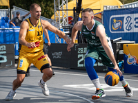 Mateusz Nitsche and Hubert Stepien participate in the LOTTO 3x3 League basketball game in Sosnowiec, Poland, on September 8, 2024. The Lotto...