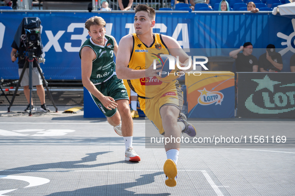 Wiktor Jaszczerski participates in the LOTTO 3x3 League basketball game in Sosnowiec, Poland, on September 8, 2024. The Lotto 3x3 Liga tourn...