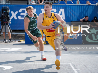 Wiktor Jaszczerski participates in the LOTTO 3x3 League basketball game in Sosnowiec, Poland, on September 8, 2024. The Lotto 3x3 Liga tourn...