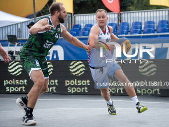 Tomasz Rudko and Przemyslaw Tradecki participate in the LOTTO 3x3 League basketball game in Sosnowiec, Poland, on September 8, 2024. The Lot...