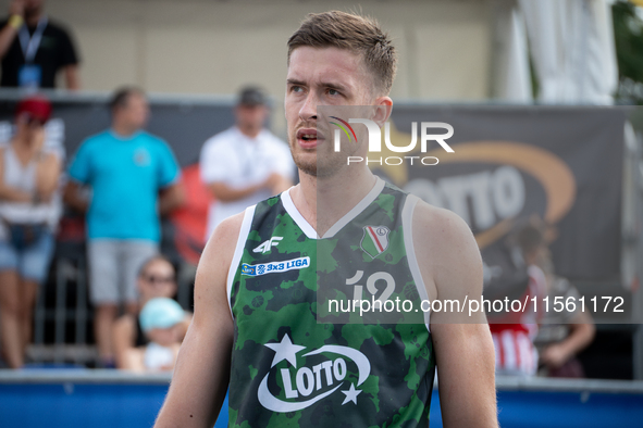 Krystian Kozluk participates in the LOTTO 3x3 League basketball game in Sosnowiec, Poland, on September 8, 2024. The Lotto 3x3 Liga tourname...