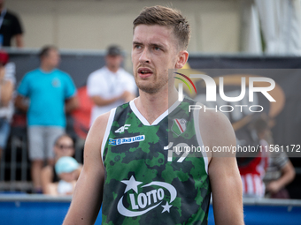 Krystian Kozluk participates in the LOTTO 3x3 League basketball game in Sosnowiec, Poland, on September 8, 2024. The Lotto 3x3 Liga tourname...