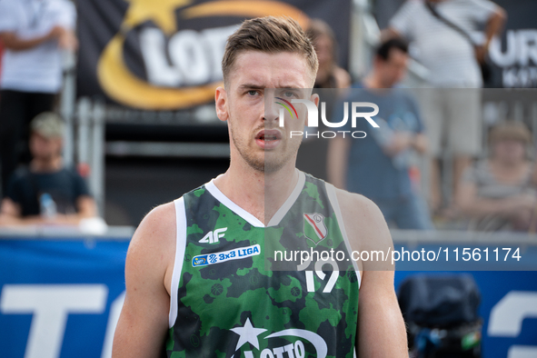 Krystian Kozluk participates in the LOTTO 3x3 League basketball game in Sosnowiec, Poland, on September 8, 2024. The Lotto 3x3 Liga tourname...