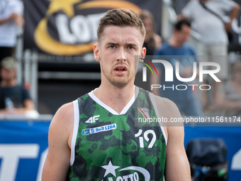 Krystian Kozluk participates in the LOTTO 3x3 League basketball game in Sosnowiec, Poland, on September 8, 2024. The Lotto 3x3 Liga tourname...