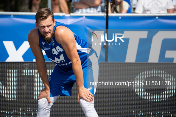 Szymon Rduch participates in the LOTTO 3x3 League basketball game in Sosnowiec, Poland, on September 8, 2024. The Lotto 3x3 Liga tournament...