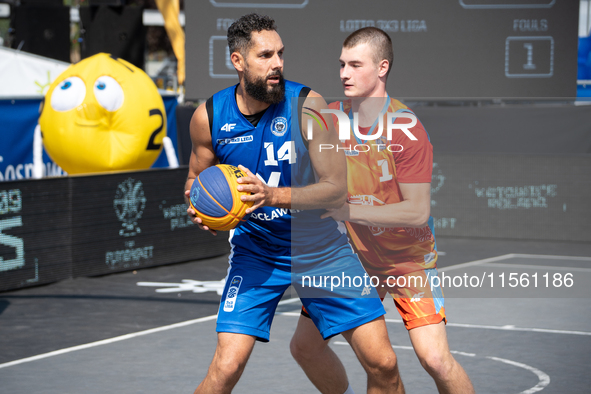 Pawel Pawlowski participates in the LOTTO 3x3 League basketball game in Sosnowiec, Poland, on September 8, 2024. The Lotto 3x3 Liga tourname...