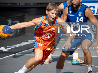 Mateusz Zebrok participates in the LOTTO 3x3 League basketball game in Sosnowiec, Poland, on September 8, 2024. The Lotto 3x3 Liga tournamen...