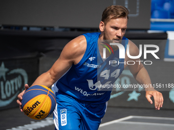 Szymon Rduch participates in the LOTTO 3x3 League basketball game in Sosnowiec, Poland, on September 8, 2024. The Lotto 3x3 Liga tournament...