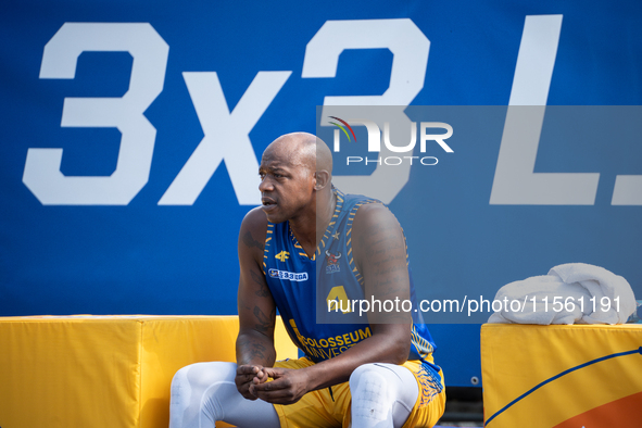 Michael Hicks participates in the LOTTO 3x3 League basketball game in Sosnowiec, Poland, on September 8, 2024. Lotto 3x3 Liga tournament mat...