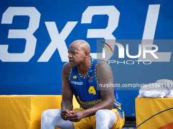 Michael Hicks participates in the LOTTO 3x3 League basketball game in Sosnowiec, Poland, on September 8, 2024. Lotto 3x3 Liga tournament mat...