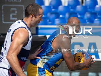 Michael Hicks participates in the LOTTO 3x3 League basketball game in Sosnowiec, Poland, on September 8, 2024. Lotto 3x3 Liga tournament mat...