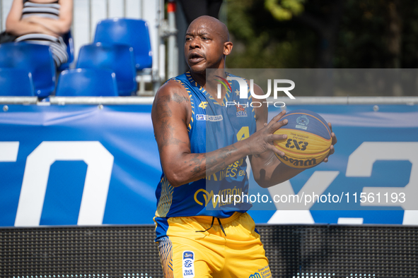 Michael Hicks participates in the LOTTO 3x3 League basketball game in Sosnowiec, Poland, on September 8, 2024. Lotto 3x3 Liga tournament mat...